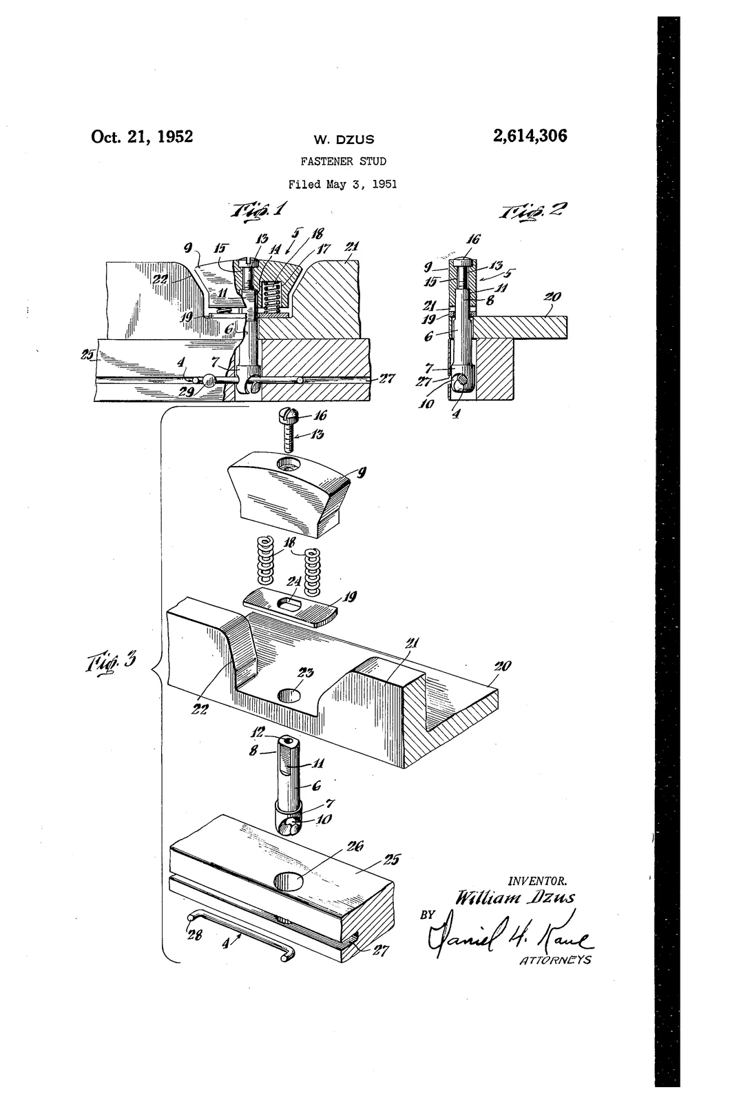 Historical fastener-stud patent drawing showing stud geometry and engagement; technical reference, not an exact Southco 82-35-303-15 drawing.